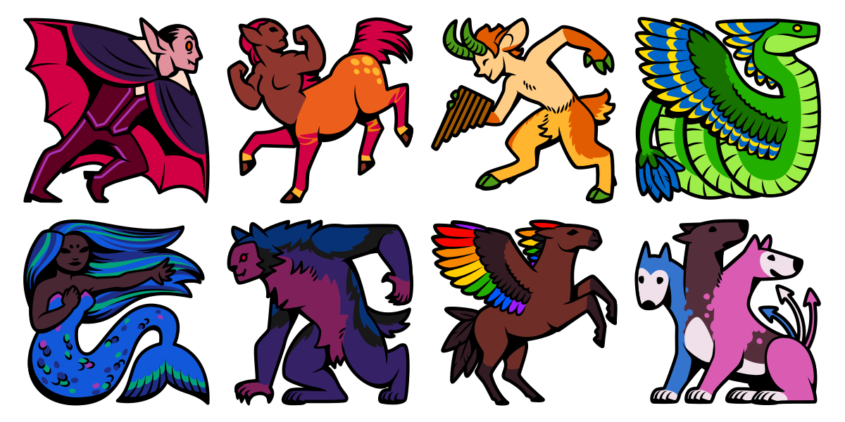 Icons of 8 fictional creatures, Vampire, Centaur, Faun, Feathered Serpent, Mermaid, Werewolf, Pegasus, Cerberus