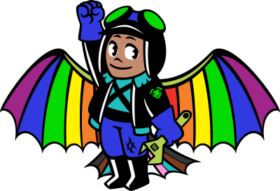 pilot wearing pride colored ornithopter, ant on jacket, raised fist, green goggles, holding wrench